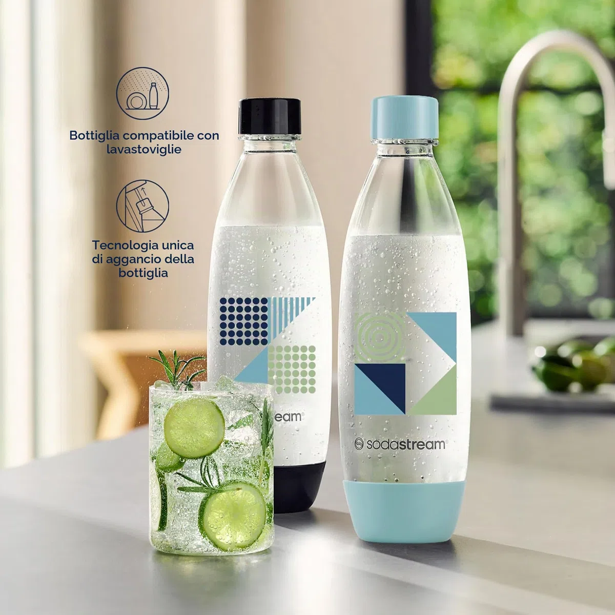 sodastream Set di 2 bottiglie da 1 l per acqua frizzante e soda | tecnologia snap & lock a clip | compatibile con lavastoviglie | senza BPA | Dettagli blu scuro e ciano