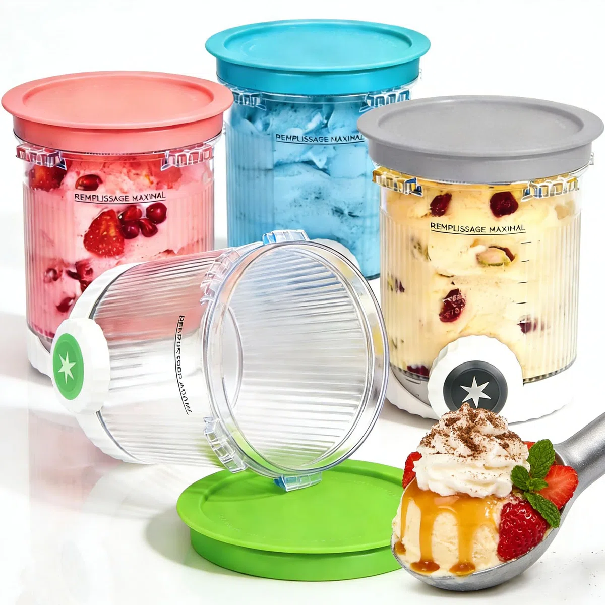 4 Contenitori Compatibili Creami NC700 NC701EU 480ml, Creami Swirl Pot con Coperchio Ermetico, Impilabili BPA-Free, per Gelato Sorbetto Frozen Yogurt