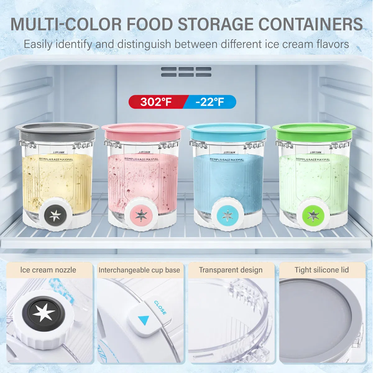 4 Contenitori Compatibili Creami NC700 NC701EU 480ml, Creami Swirl Pot con Coperchio Ermetico, Impilabili BPA-Free, per Gelato Sorbetto Frozen Yogurt