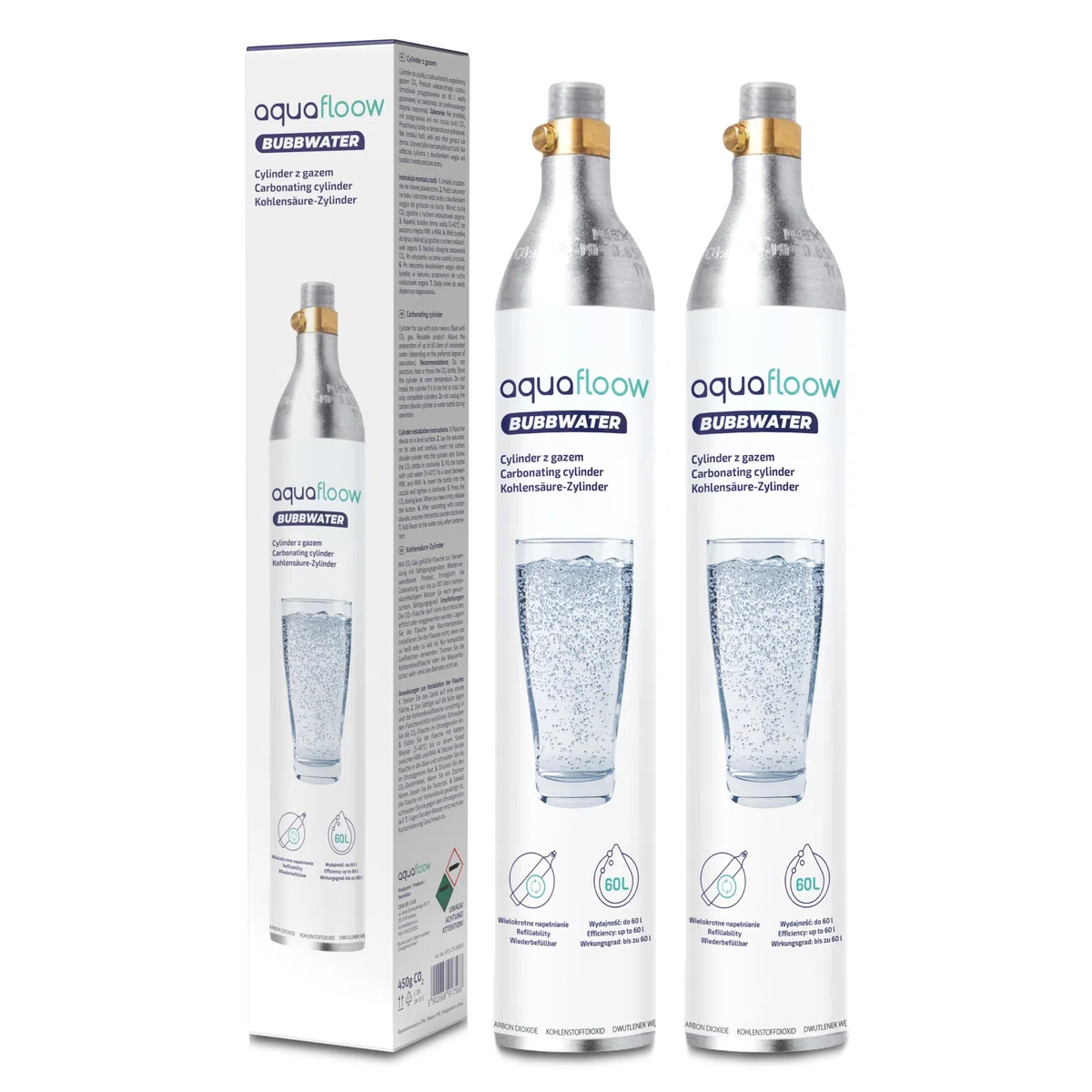 AquaFloow Cilindro CO₂ per Gasatore d’acqua Premium 600 ml, Cartuccia per Acqua Frizzante, Cilindro fino a 60 L, Ricambio Compatibile con SodaStream, Aarke- 2 pezzi