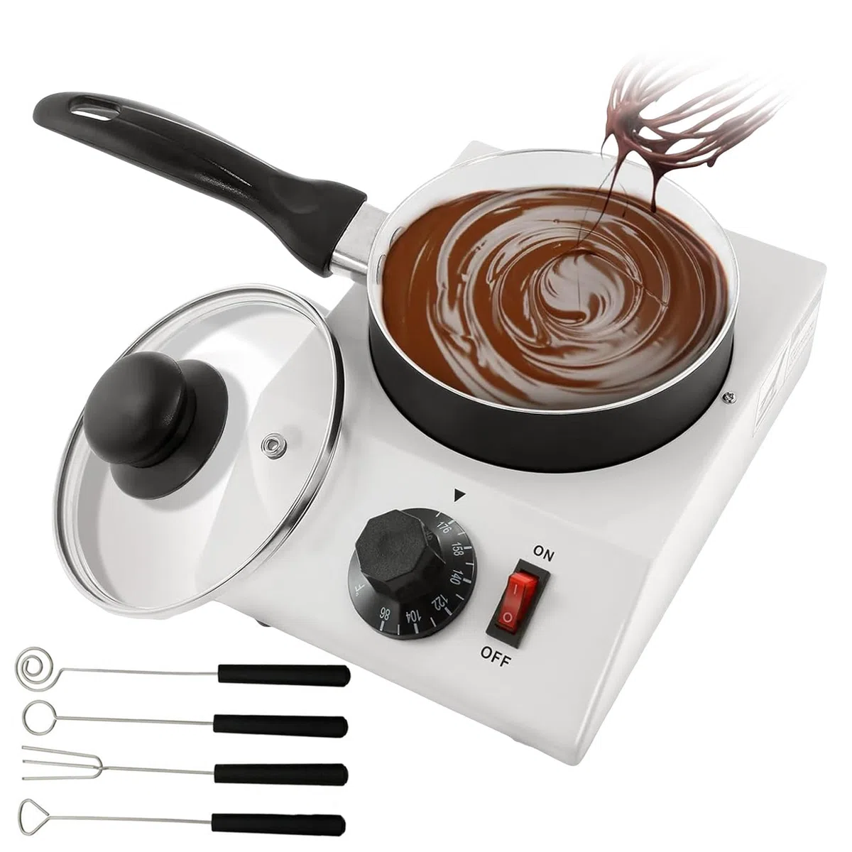 Pentole Elettriche per Fonduta di Cioccolato | Temperatrice per Cioccolato | Riscaldatore per Cioccolato | Pentola per Sciogliere Il Cioccolato - 1 Pentola (con 4 Strumenti di Cottura)