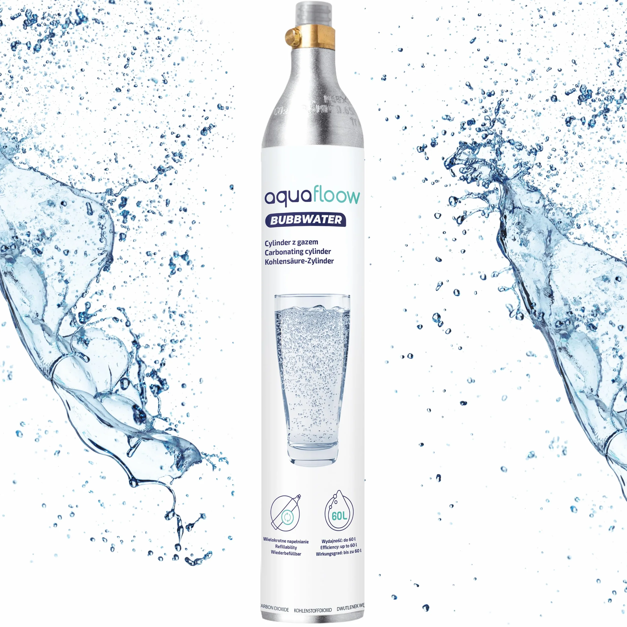 AquaFloow Cilindro CO₂ per Gasatore d’acqua Premium 600 ml, Cartuccia per Acqua Frizzante, Cilindro fino a 60 L, Ricambio Compatibile con SodaStream, Aarke- 2 pezzi