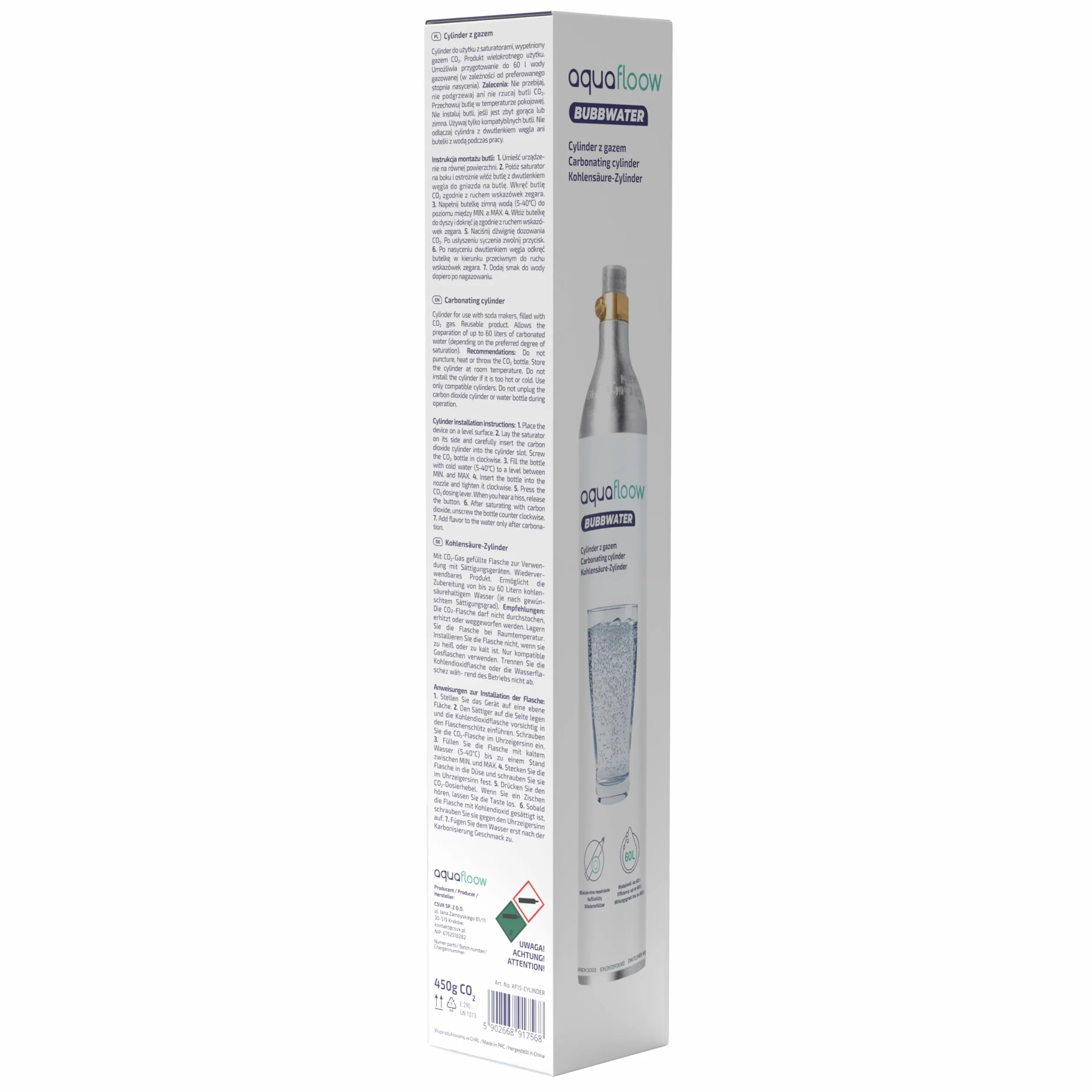 AquaFloow Cilindro CO₂ per Gasatore d’acqua Premium 600 ml, Cartuccia per Acqua Frizzante, Cilindro fino a 60 L, Ricambio Compatibile con SodaStream, Aarke- 2 pezzi