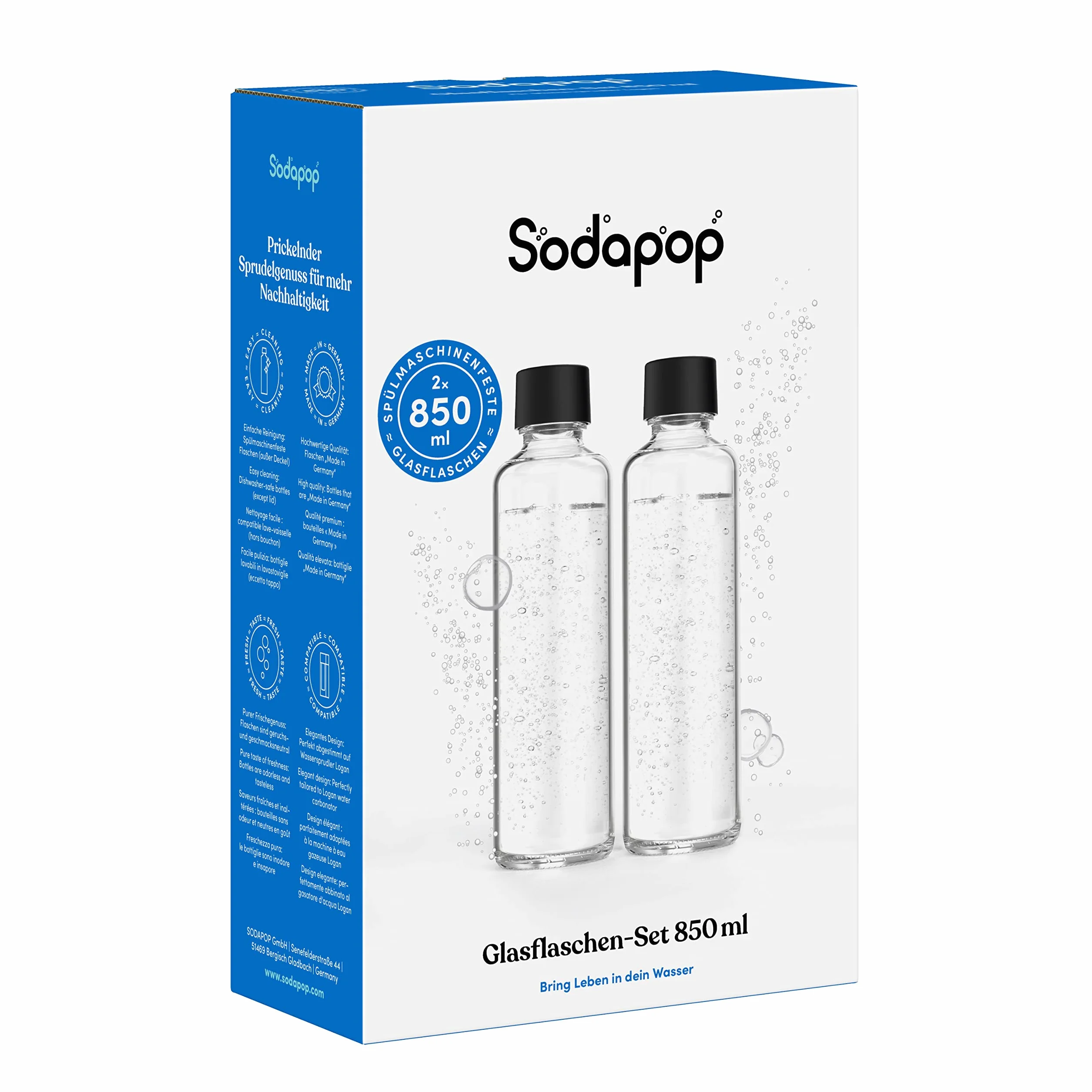 Sodapop Set di bottiglie di vetro Logan, bottiglie di ricambio adatte esclusivamente per spruzzatore d'acqua Logan, 2 X 850 ml