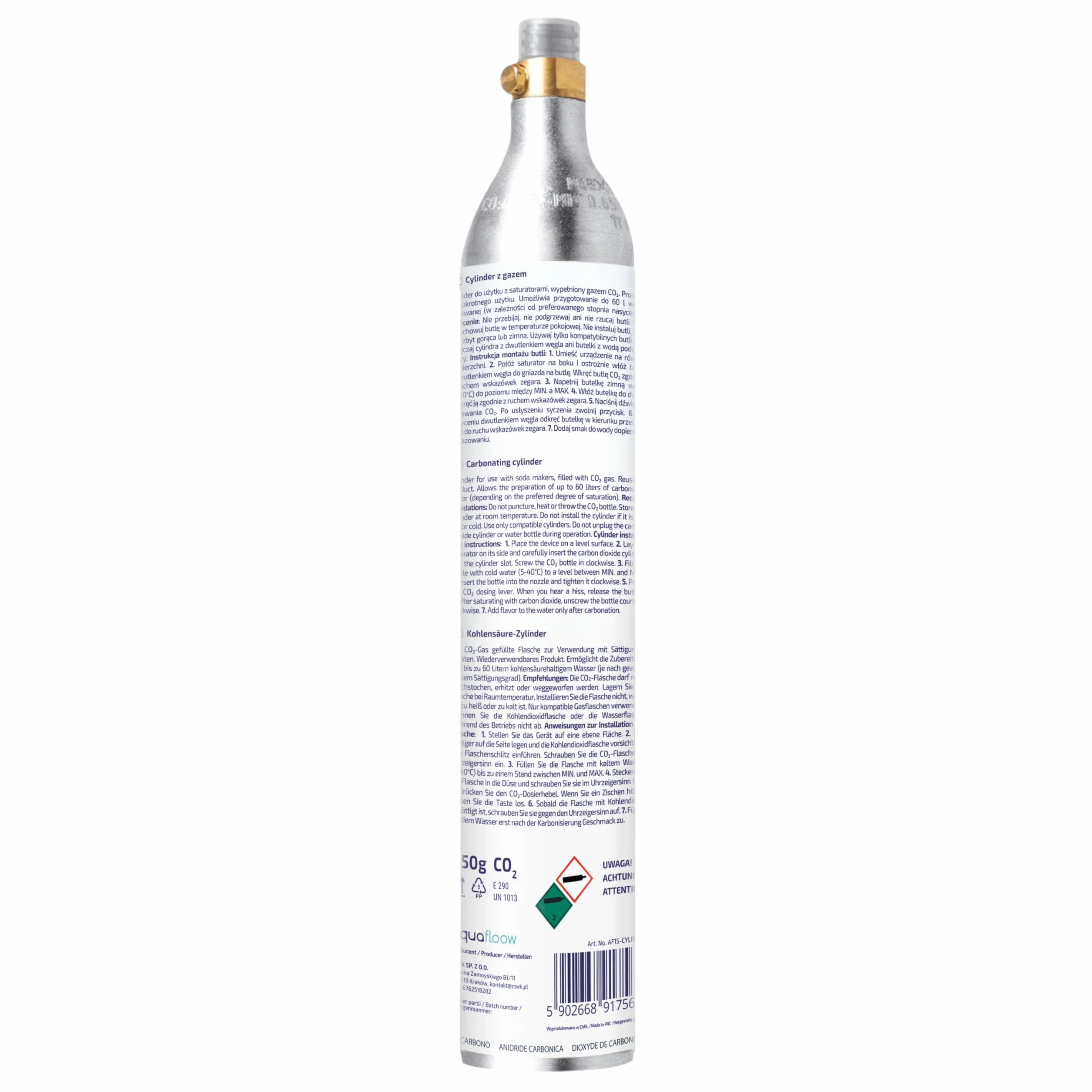 AquaFloow Cilindro CO₂ per Gasatore d’acqua Premium 600 ml, Cartuccia per Acqua Frizzante, Cilindro fino a 60 L, Ricambio Compatibile con SodaStream, Aarke- 2 pezzi