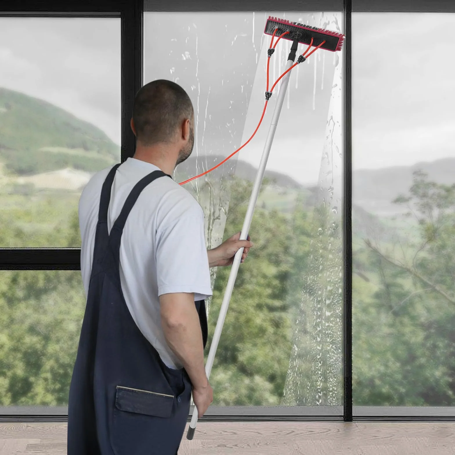 Pulitore finestra con manico telescopico 1-8 m – lavavetri regolabile in lunghezza – Set professionale di lavavetri, testina rimovibile, asta telescopica per la pulizia di finestre per auto, camion,