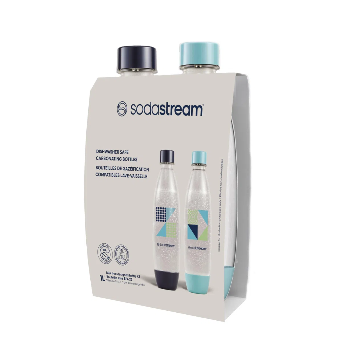 sodastream Set di 2 bottiglie da 1 l per acqua frizzante e soda | tecnologia snap & lock a clip | compatibile con lavastoviglie | senza BPA | Dettagli blu scuro e ciano