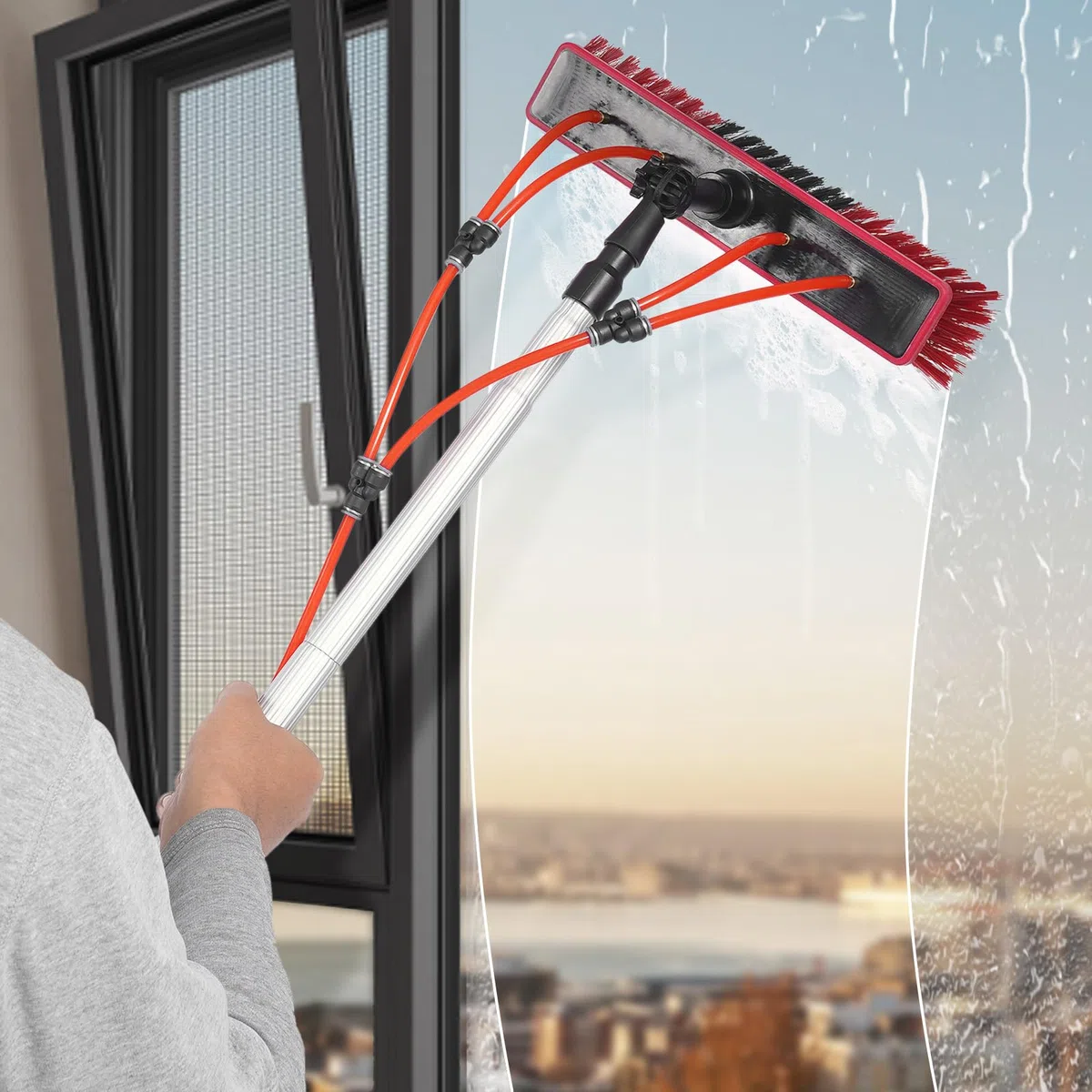 Pulitore finestra con manico telescopico 1-8 m – lavavetri regolabile in lunghezza – Set professionale di lavavetri, testina rimovibile, asta telescopica per la pulizia di finestre per auto, camion,
