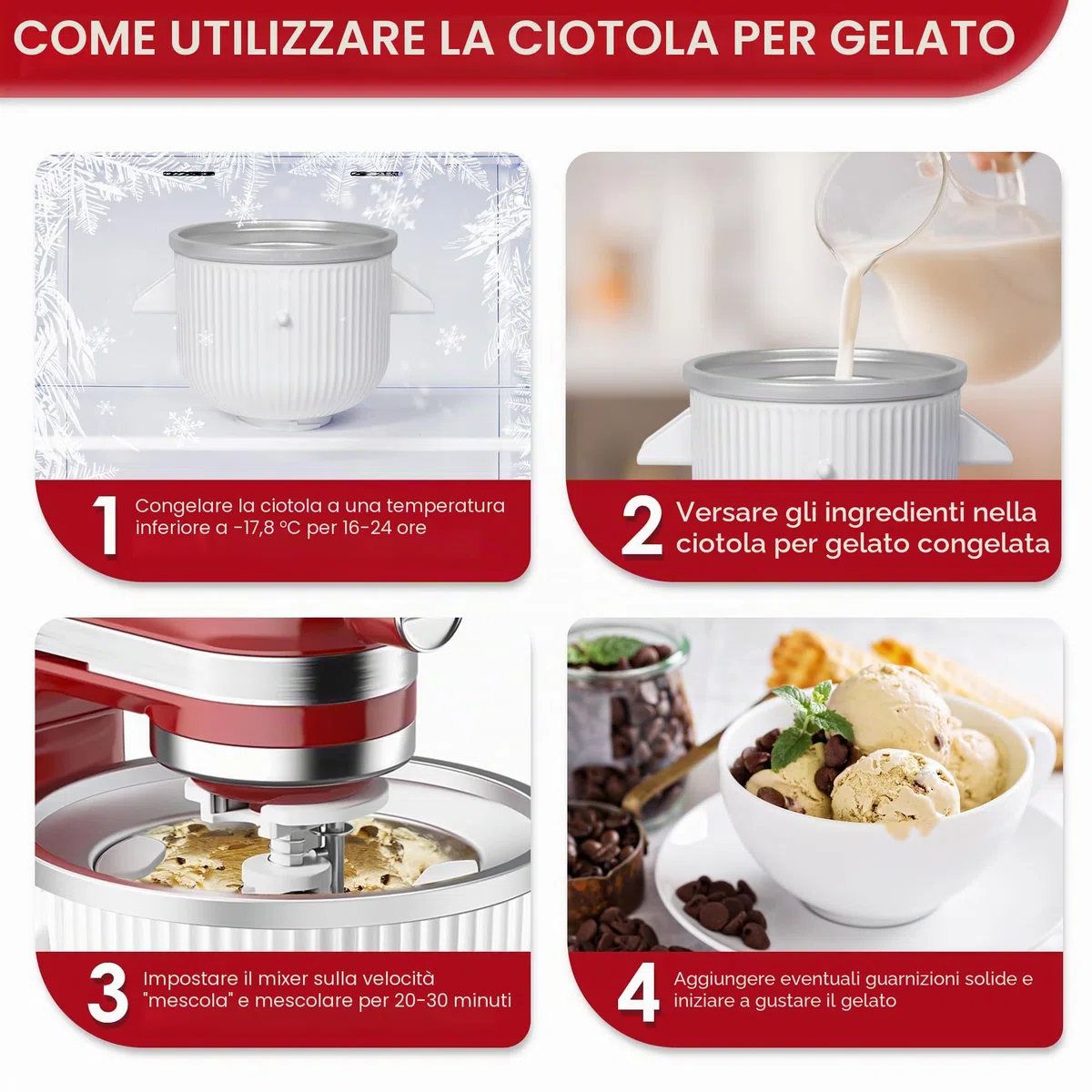 kitchenaid - Accessorio per macchina per gelato adatto per mixer da 4,5/5 QT e 6QT, gelato congelato e sorbetto, 2 litri, bianco (Machine/mixer non incluso)
