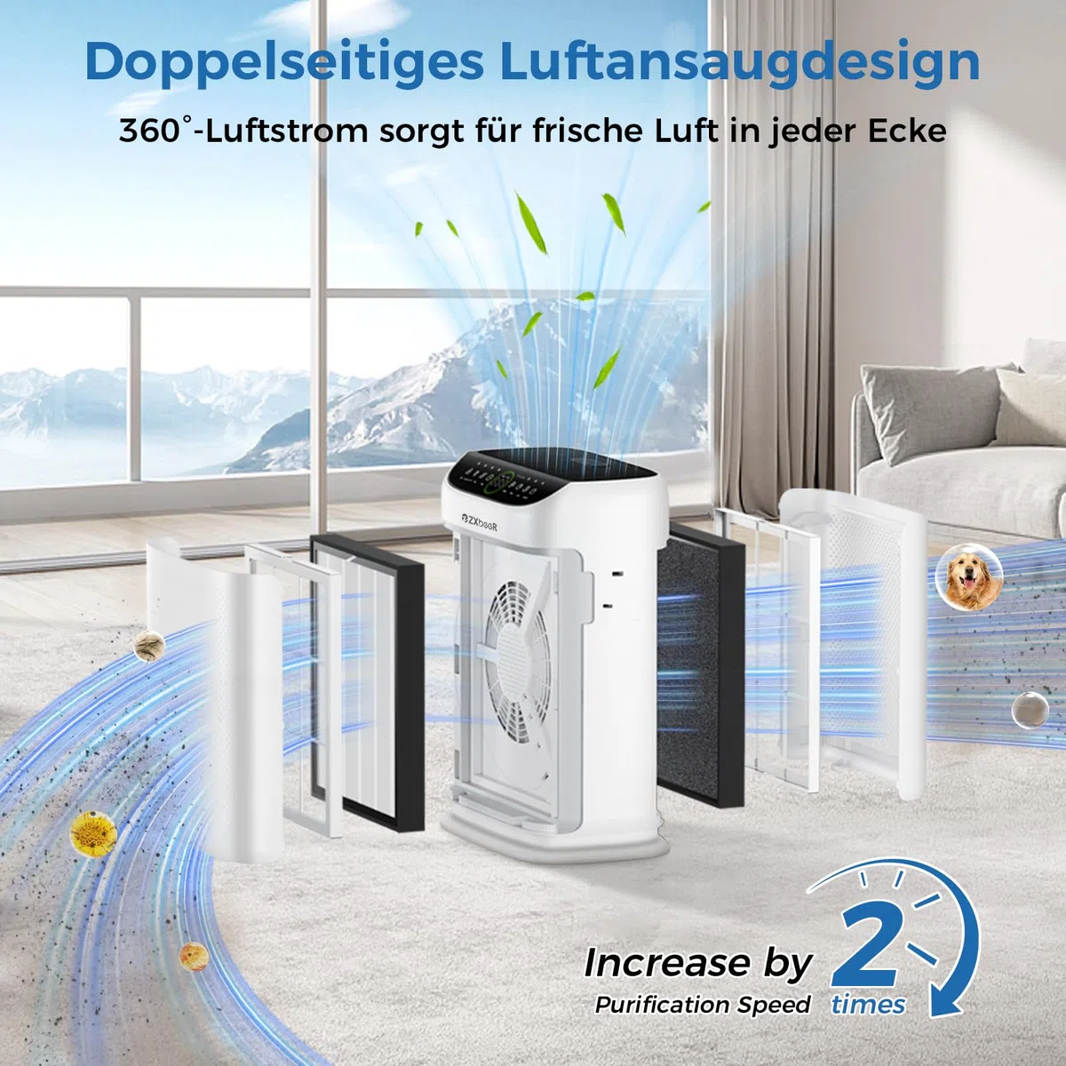 Depuratore d'aria HEPA per allergici con CADR 400 m³/h (260 m²), filtrazione su due lati e filtro lavabile, modalità notturna 20 dB, timer, purificatore d'aria per animali domestici, camera da