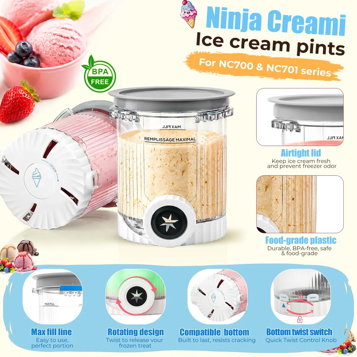 4 Pezzi Contenitore per Pinte per Ninja Creami Swirl NC700 NC701EU, 480 ML Contenitore Creami per Macchina da Gelato per Ninja Creami, con Coperchio, Lavabili in Lavastoviglie e Senza BPA