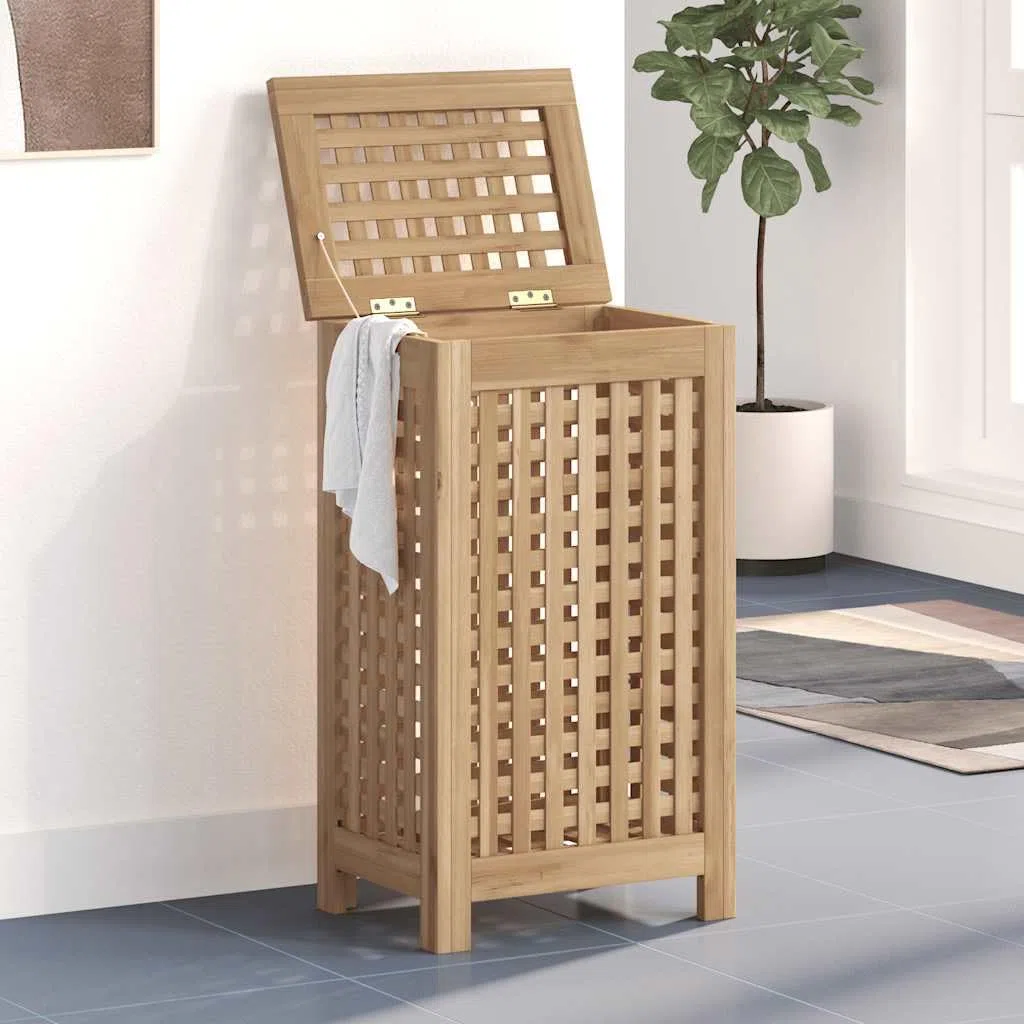 Cesto portabiancheria in legno massello di teak con coperchio, 35 x 25 x 60 cm, design a griglia per biancheria sporca, conservazione in bagno o camera da letto
