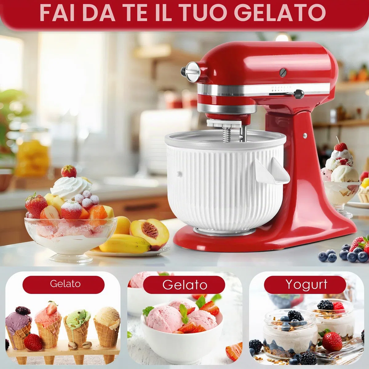 kitchenaid - Accessorio per macchina per gelato adatto per mixer da 4,5/5 QT e 6QT, gelato congelato e sorbetto, 2 litri, bianco (Machine/mixer non incluso)