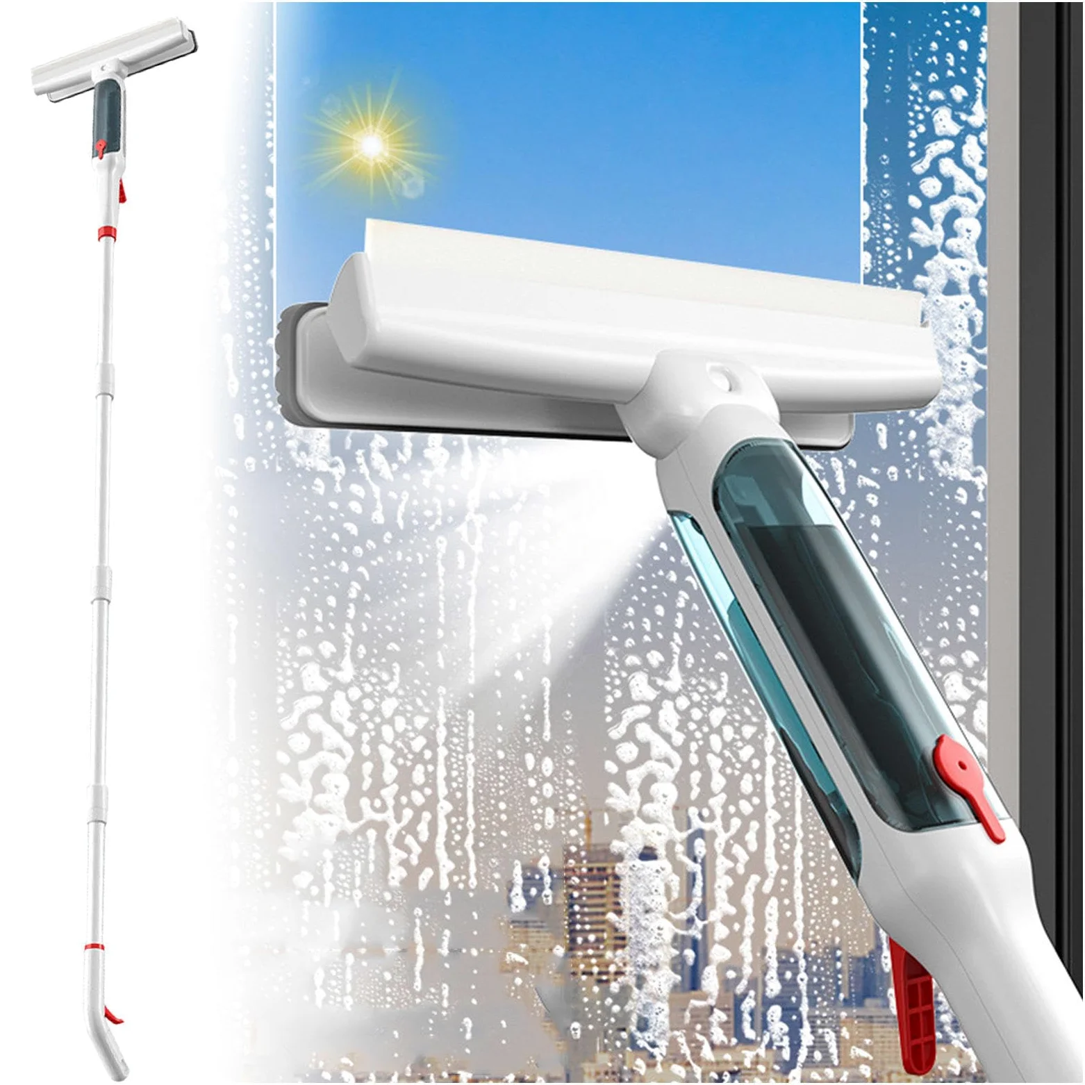 Lavavetri telescopico 4 in 1 con manico regolabile da 190 cm, detergente professionale per vetri con collettore di acque reflue e 5 panni in microfibra per finestre alte per interni ed esterni