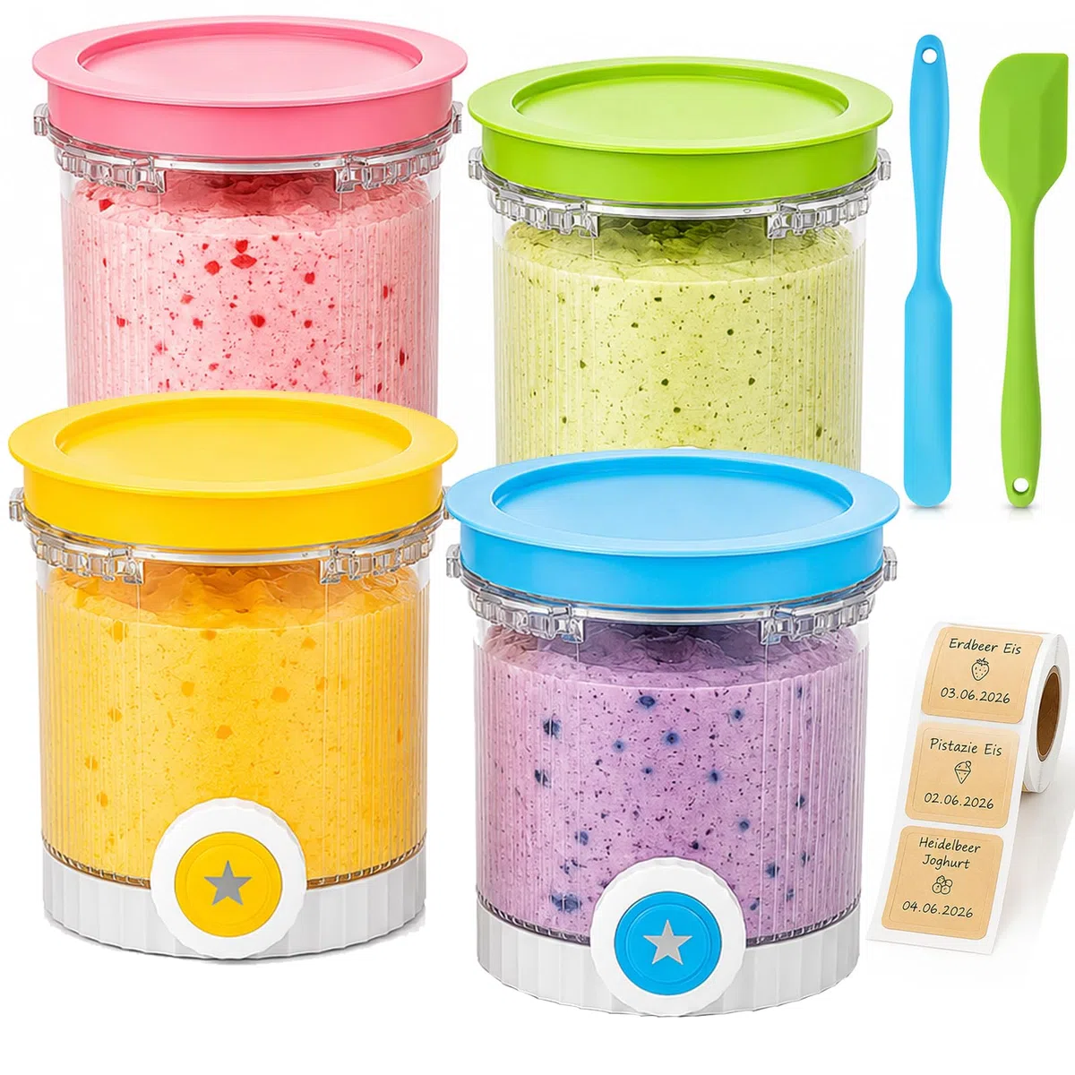 Set da 4 Contenitori Compatibile con Ninja Creami Swirl NC700 NC701EU, 480ml Barattoli per Gelato con 2 Spatole in Silicone e 1 Rotolo di Etichette, Senza BPA e Lavabili in Lavastoviglie