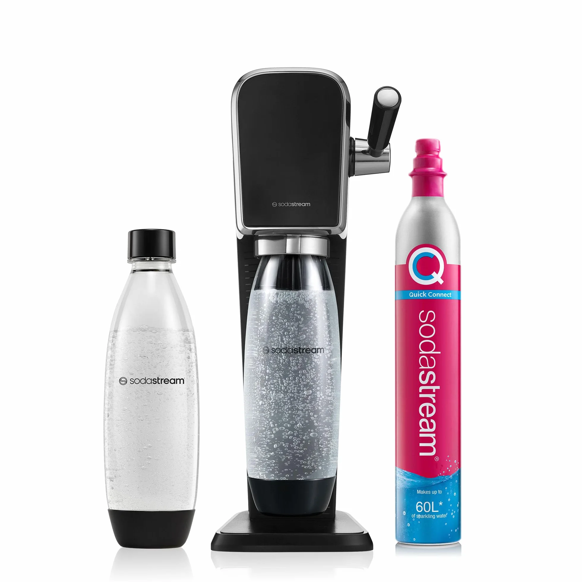 Sodastream Art Nero, Gasatore d’Acqua per Trasformare l’Acqua in Acqua Frizzante & Bottiglie Classiche per gasatore d'acqua, Capienza 1 Litro