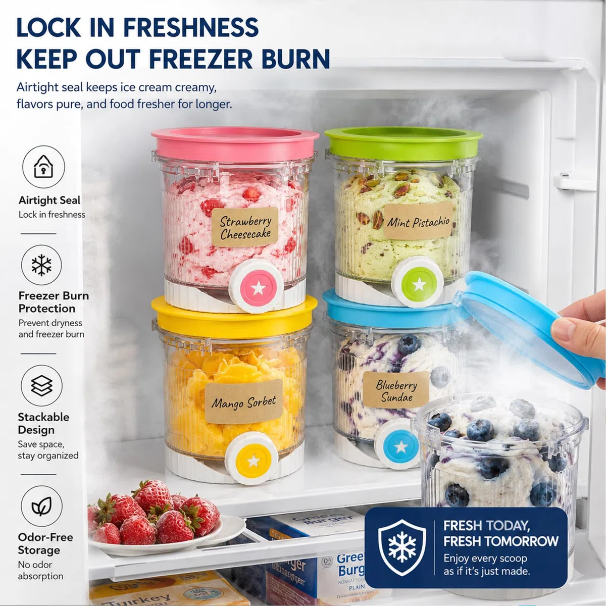Set da 4 Contenitori Compatibile con Ninja Creami Swirl NC700 NC701EU, 480ml Barattoli per Gelato con 2 Spatole in Silicone e 1 Rotolo di Etichette, Senza BPA e Lavabili in Lavastoviglie